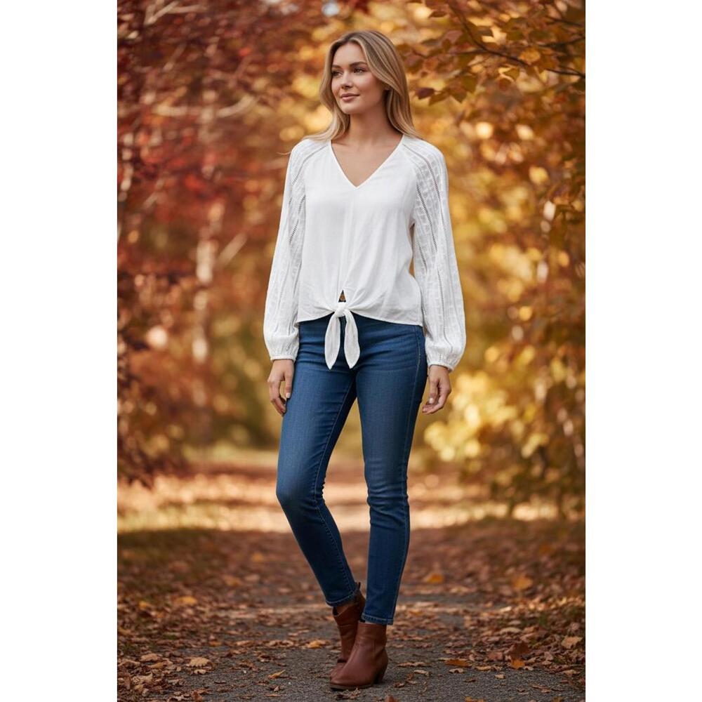 White Long Sleeve Tie-Front Blouse with‎ Lace Detail